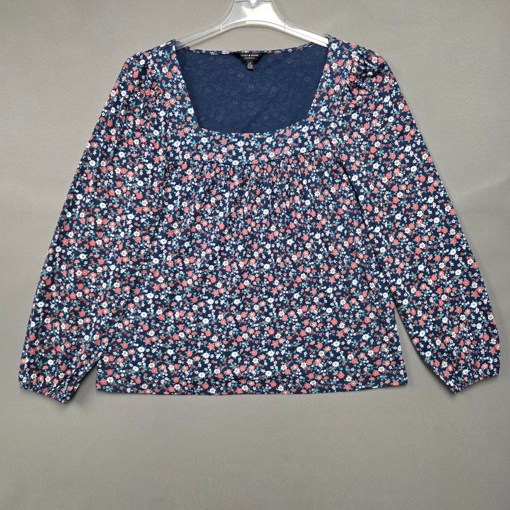 Lucky Brand Top Women's Floral Square Neck Long Sleeve Navy Blue Large